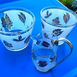 Libbey Gold Foliage Leaf 2 Ice Buckets, Small Pitcher Gold Handle Vintage 1960s